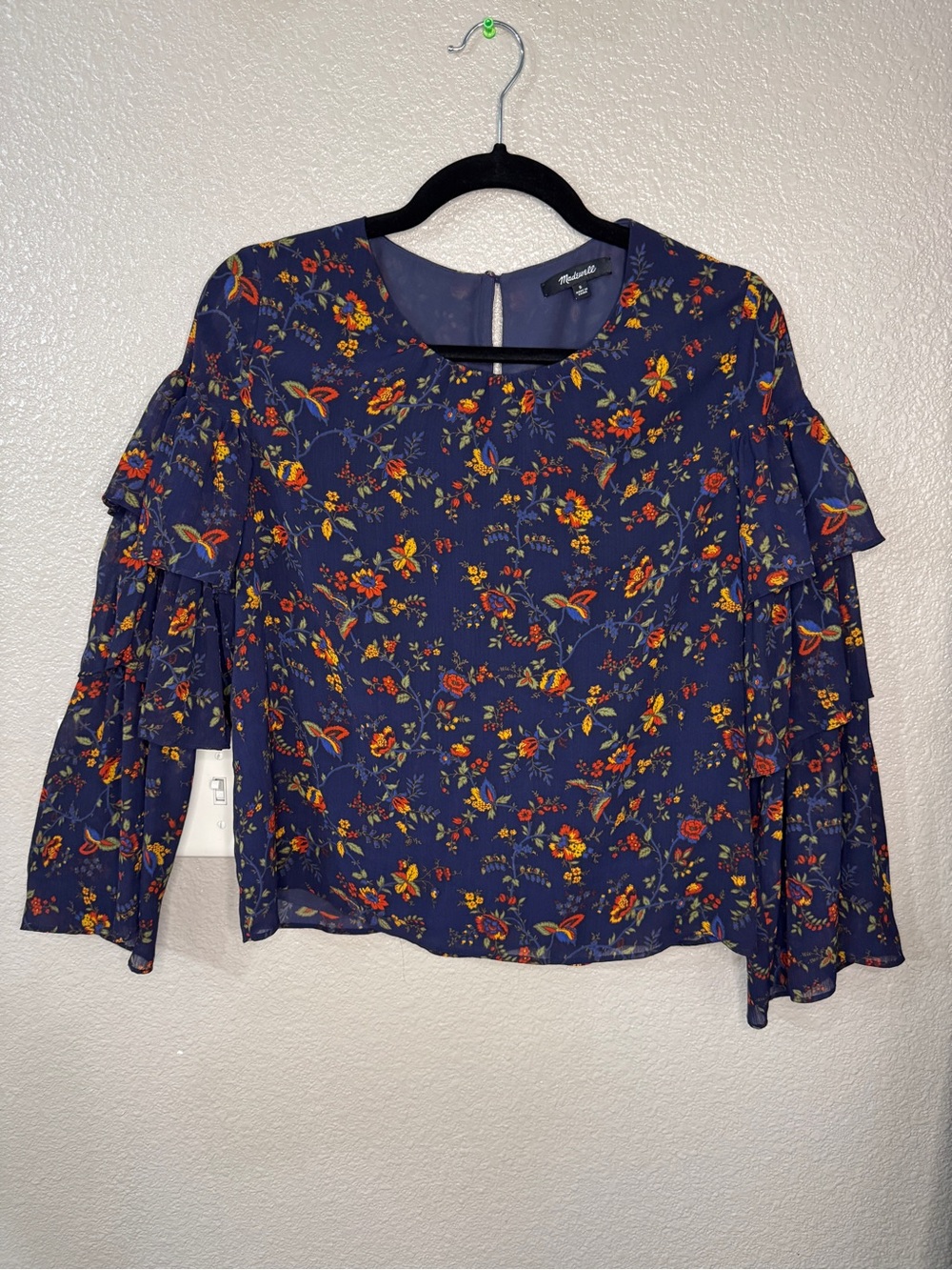 Madewell Navy Floral Ruffle Sleeve Blouse Size Small Boho Romantic Top Prairie